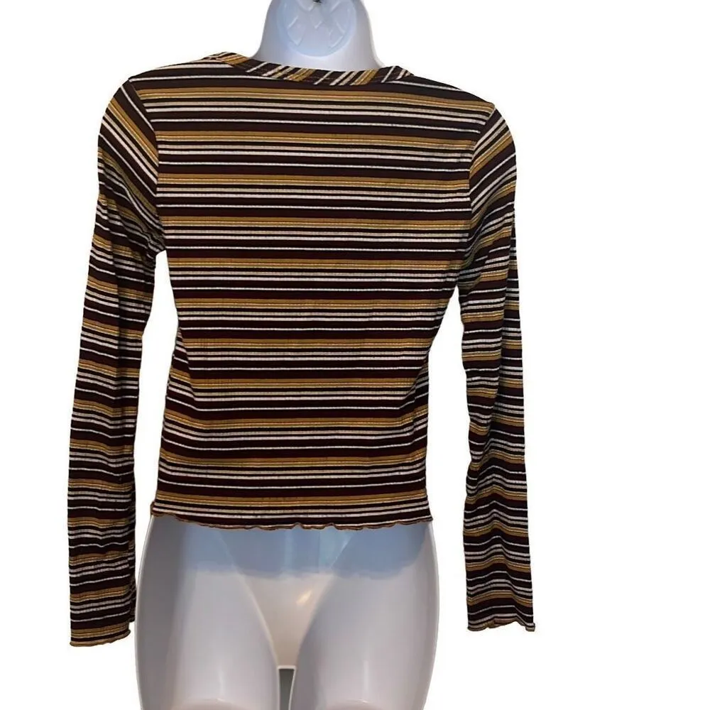 Pinc Y2K Brown Yellow Stripe Long Sleeve Crewneck Ribbed Crop Top Large Grunge Brown - Image 2
