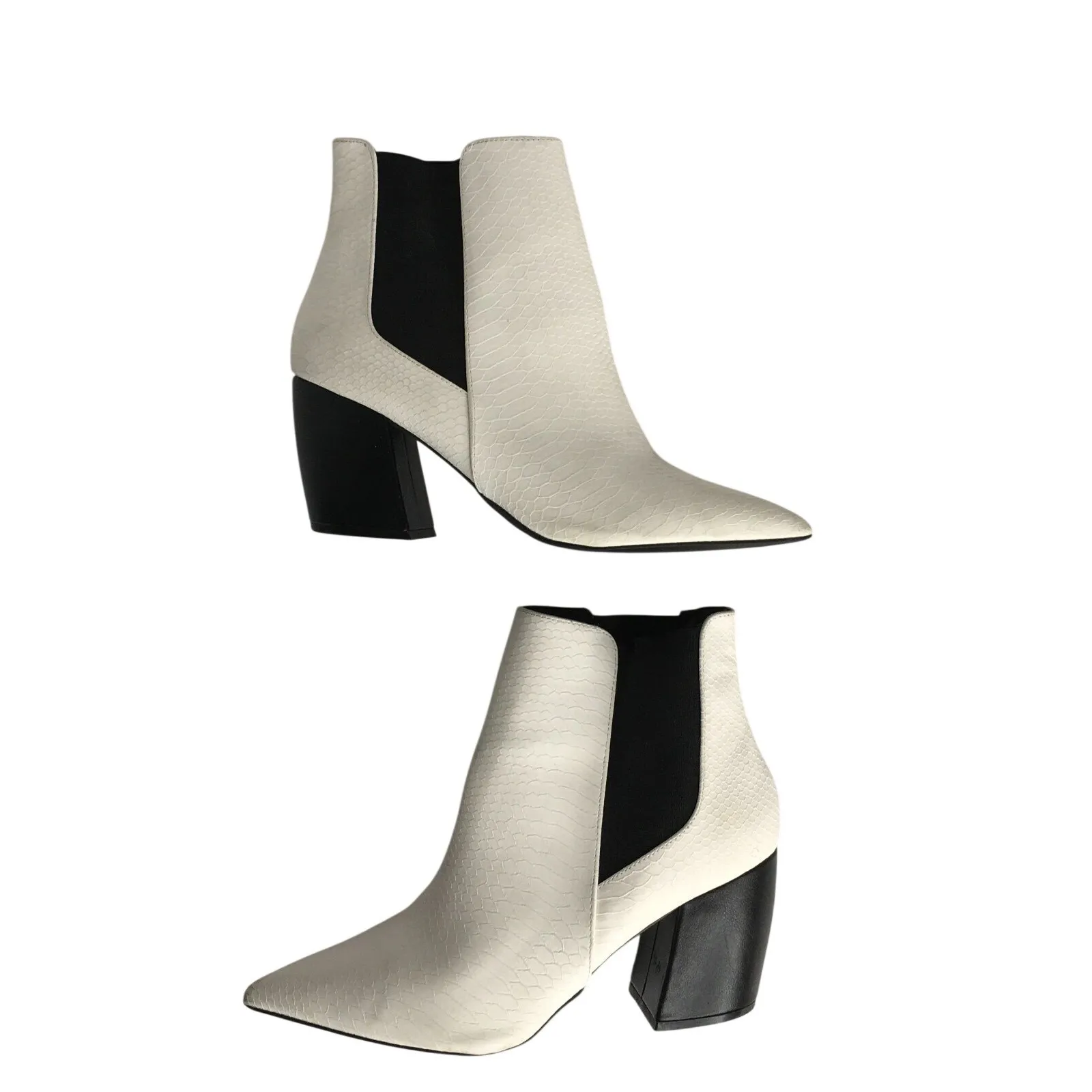 White Faux Snake Print Pointed Toe Block Heel Ankle Boots Women's Size 10 - Image 5