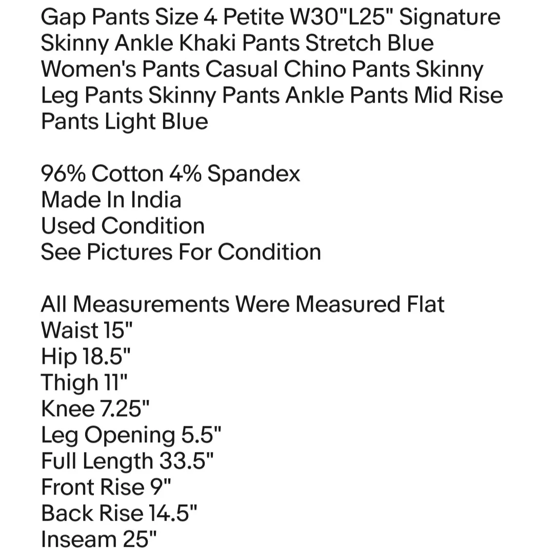 Gap Pants Size 4 Petite W30"L25" Signature Skinny Ankle Khaki Pants Stretch Blue - Image 2