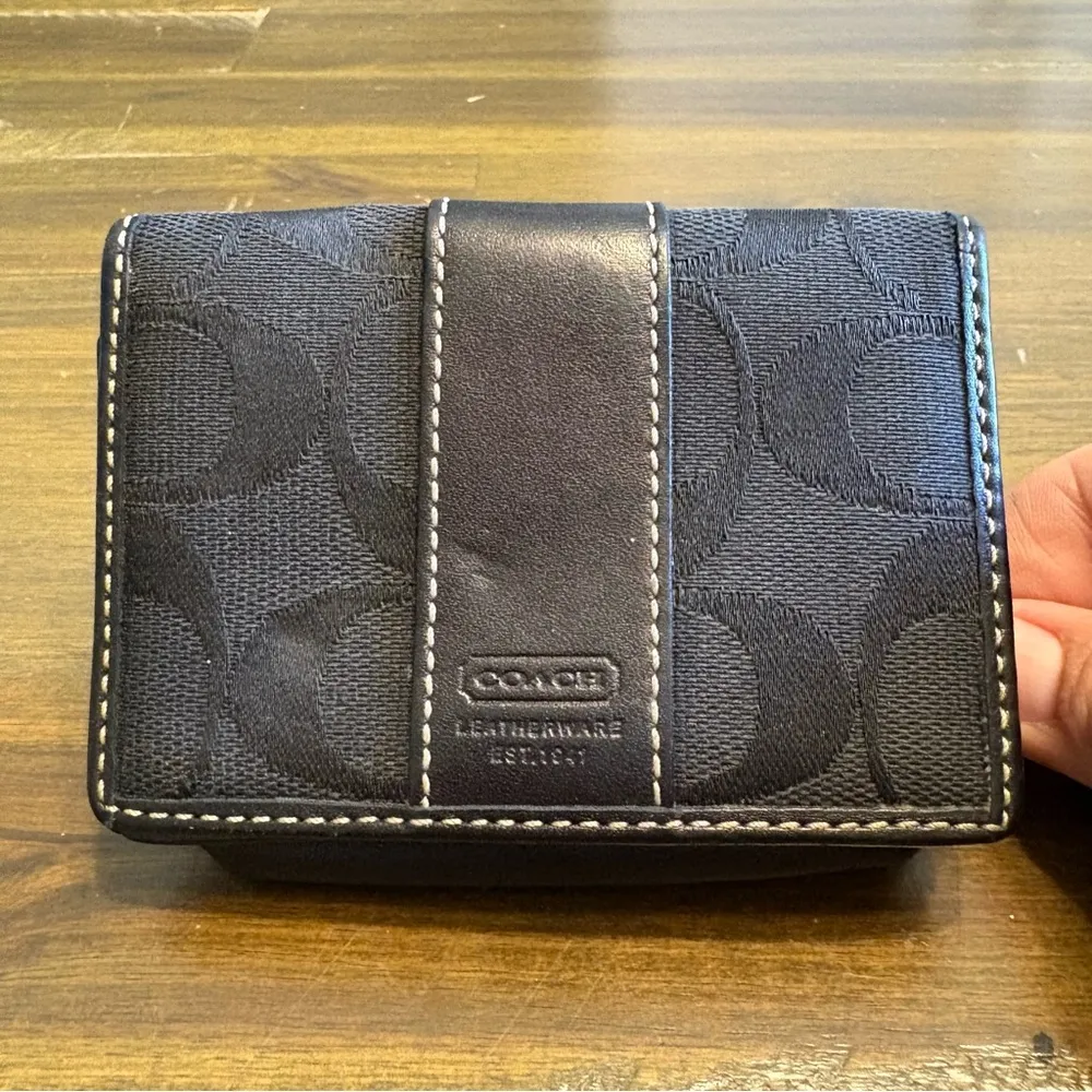 Coach Signature CC Wallet Black Canvas Fold Over Leather Card Holder Small - Image 6