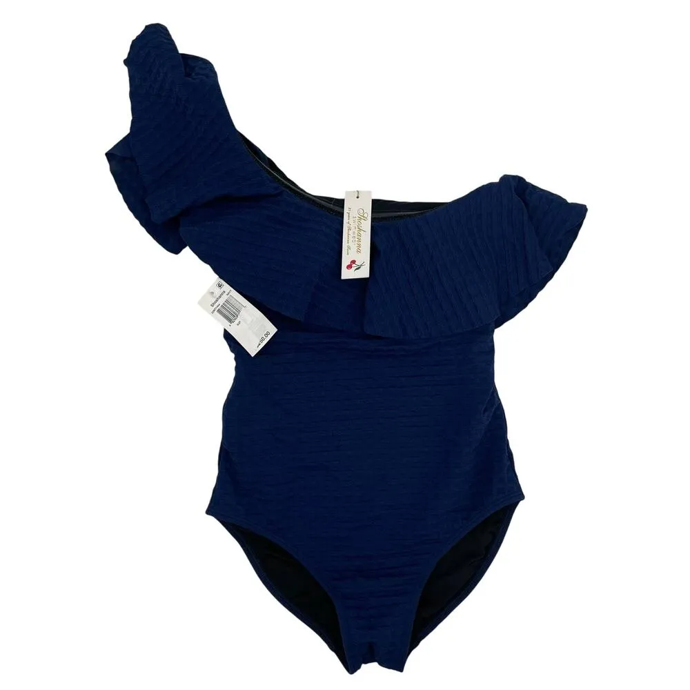 SHOSHANNA Swimsuit Size 4 One Piece Navy One Shoulder Ruffle Textured NWT Swim - Image 3