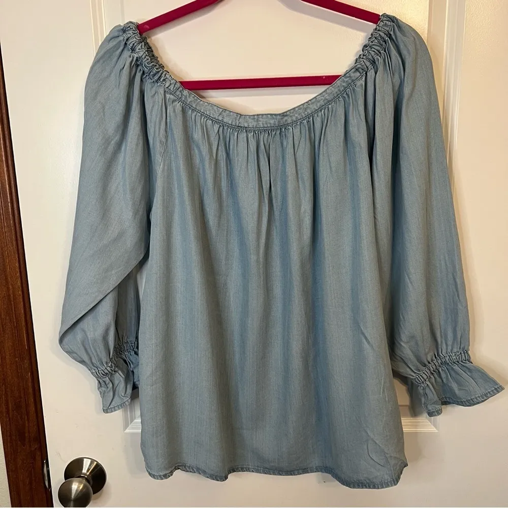 100% Tencel Y2K Harve’ Benard Off  The Shoulder Light Blue Womans Shirt Size L​​ - Image 2