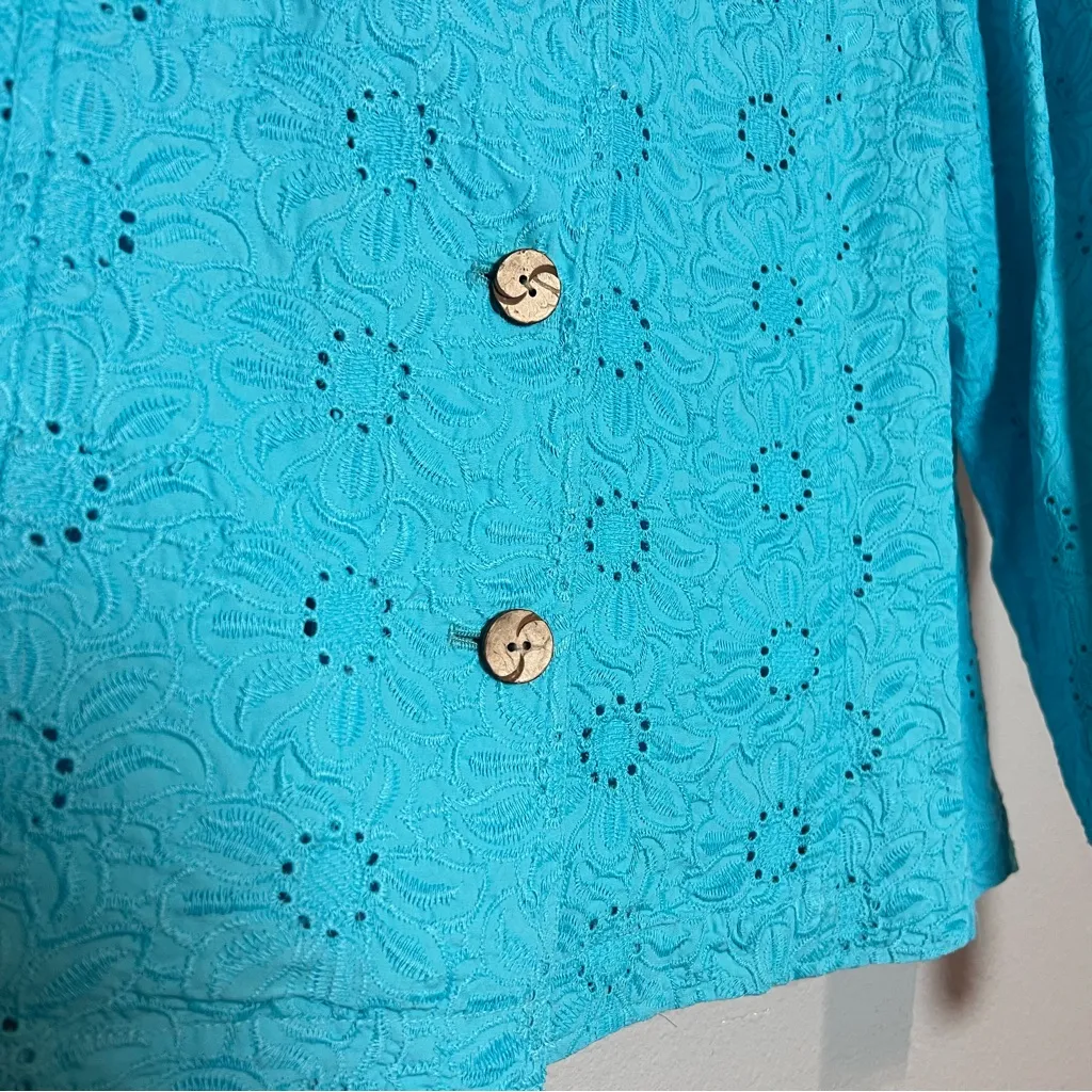 Coldwater Creek Button Up Jacket Blouse Bright Blue Cotton Eyelet Size 1X - Image 4