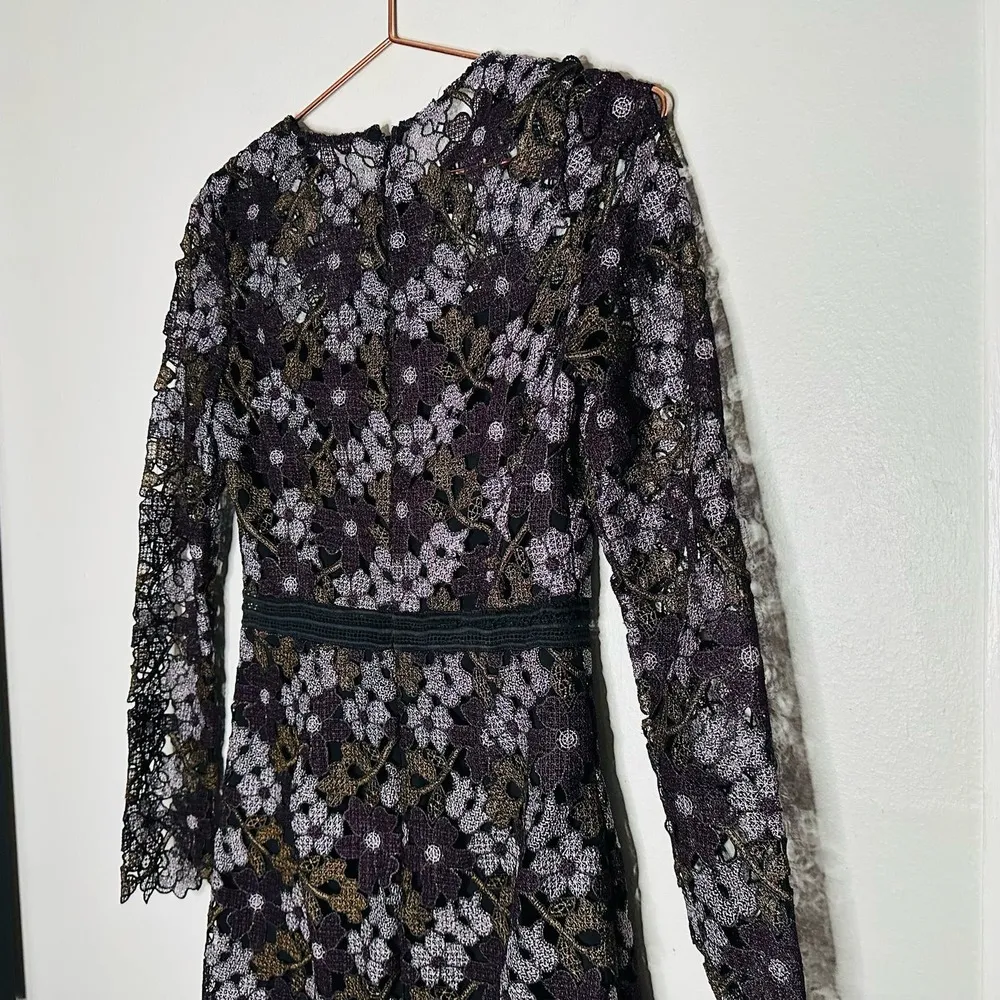 CYNTHIA ROWLEY Linden Purple Black Lace Floral Bell Sleeves Mini Dress Size 4 - Image 10