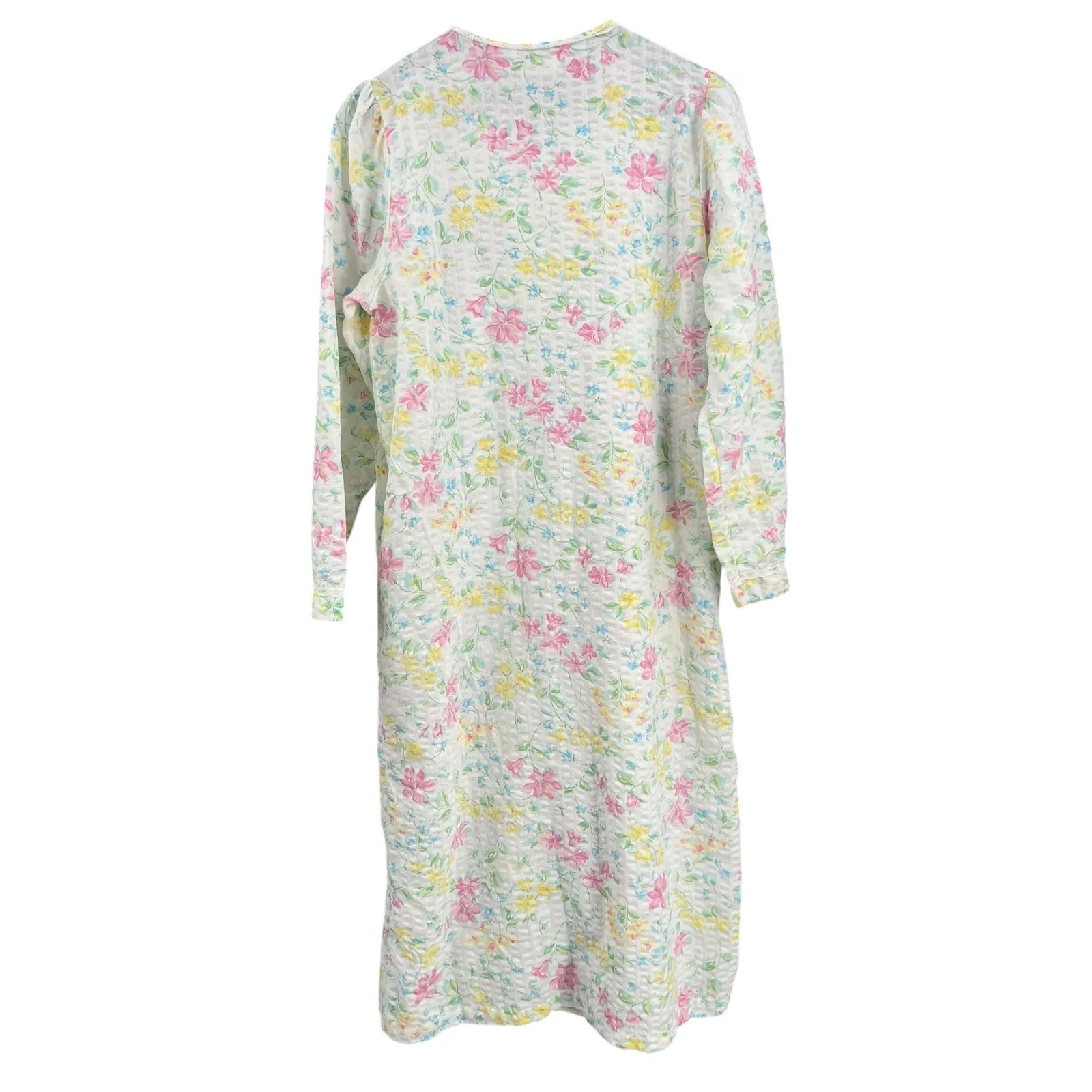 VTG Miss Elaine Seersucker Floral Snap Nightgown Medium USA Union Made Pockets White Size undefined - Image 3