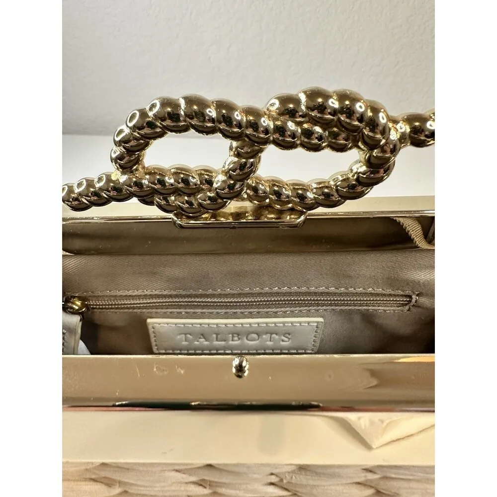 TALBOTS Rattan Wicker Crossbody Clutch Woven Straw Handbag Gold Chain Strap Knot - Image 8