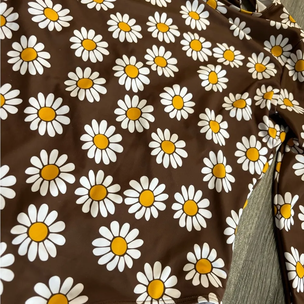 Floral Print Vintage Look Long Sleeve One Piece Bathing Suit Brown Size L - Image 3