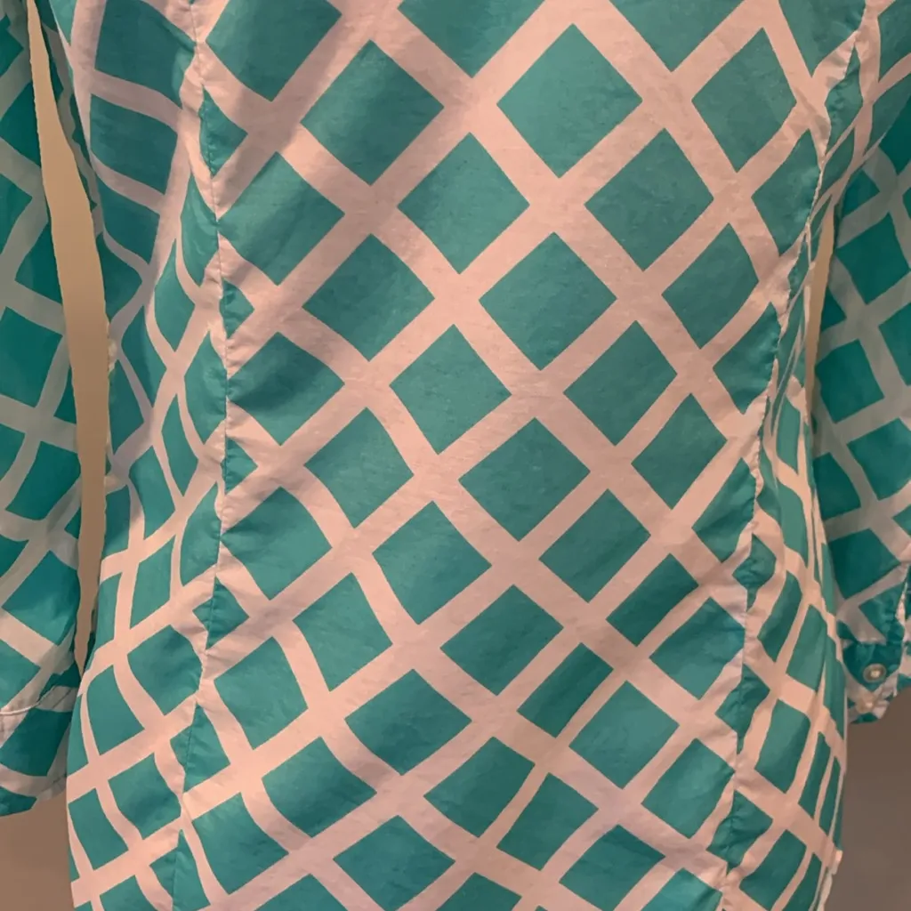 JCPenny Aqua Diamond Pattern 3/4 Sleeve Cotton Silk Blouse Top Women’s XS Blue - Image 6