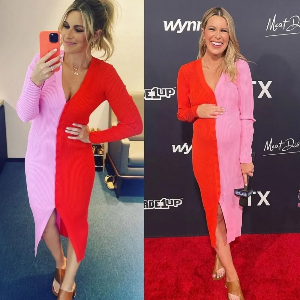 Staud Shoko Ribbed Cardigan Sweater Dress Colorblock Two Tone Midi Pink Red - Image 6