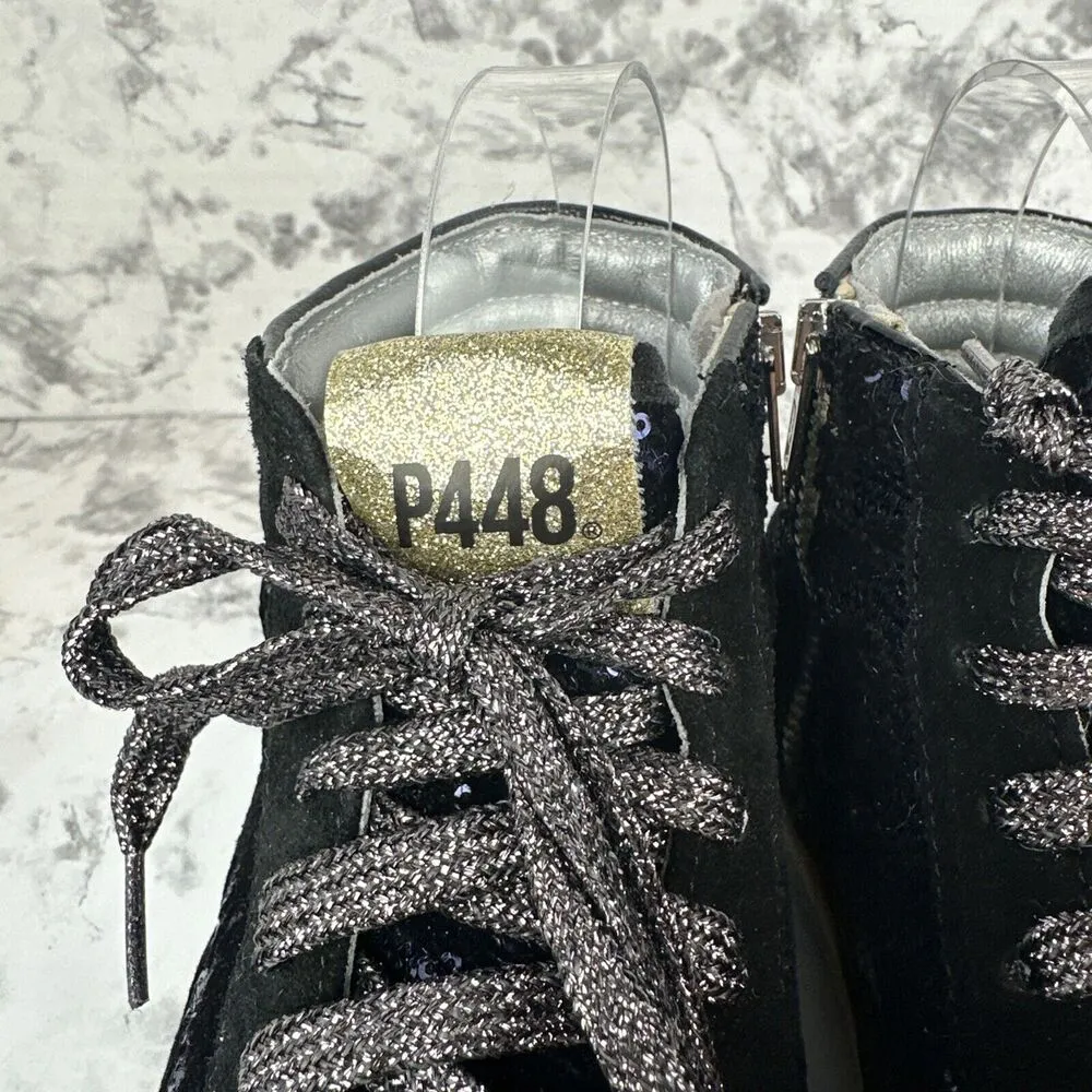 P448 Skate High Top Sneaker Size 38/ 7.5 Black Metallic Sequin Animal Print - Image 3