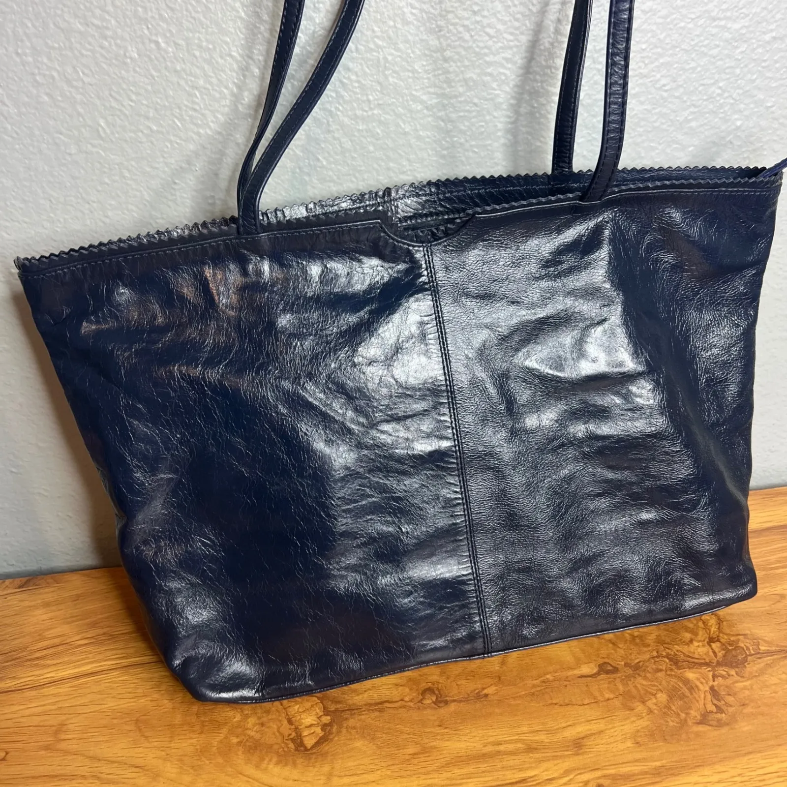 Latico Navy Blue Leather Tote Bag Shoulder Bag Handbag Floral Lining Scalloped - Image 3