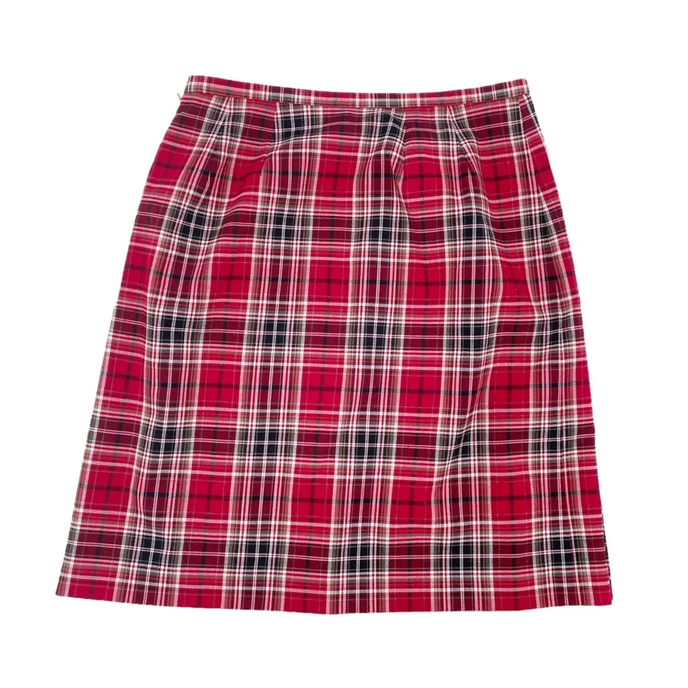 Vintage 90s City Silk Stretch Red Plaid Pleated High Waisted Mini Skirt Size 4 - Image 2