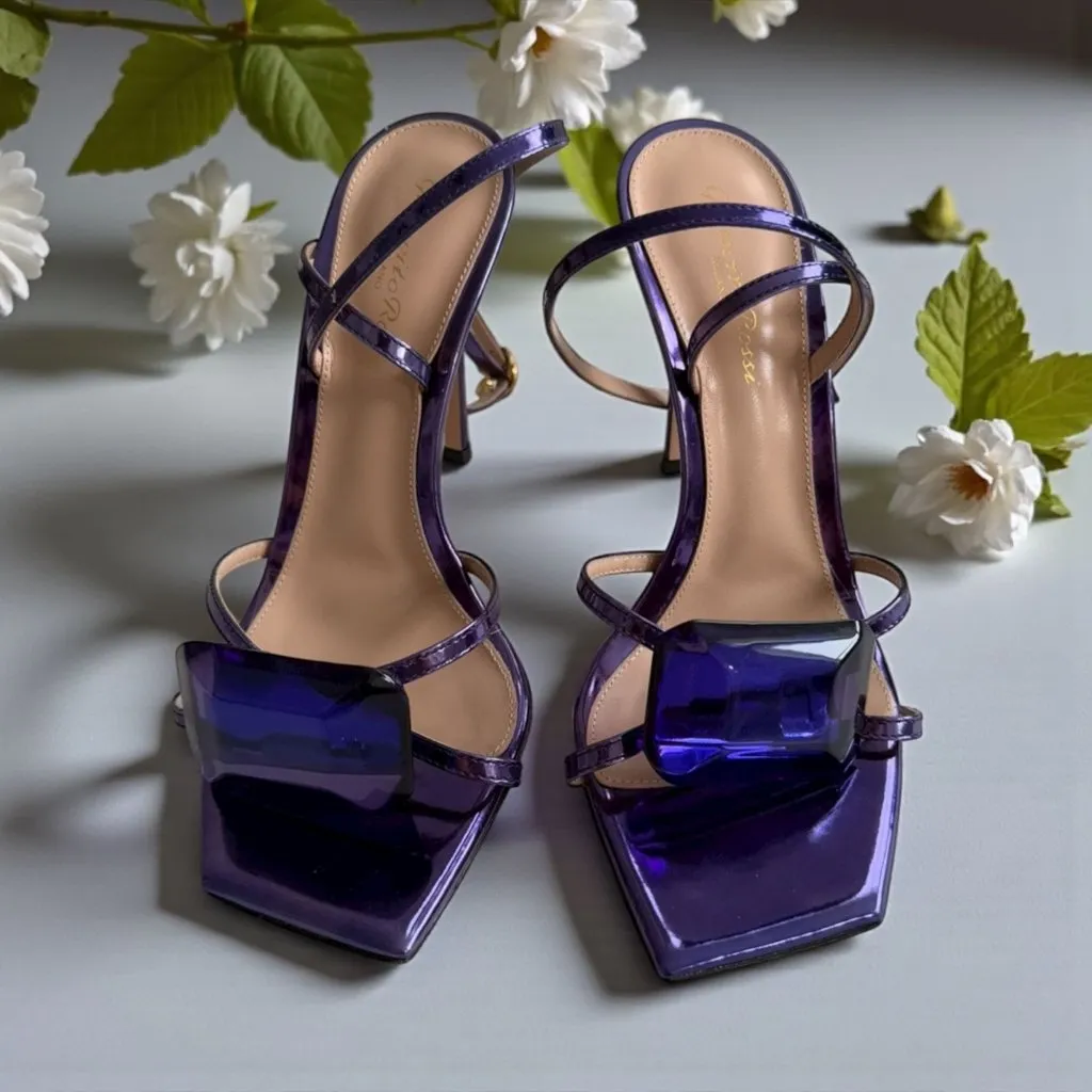 GIANVITO ROSSI Jaipur Indigo Purple Crystal Embellished Leather Sandals Heels Si - Image 2