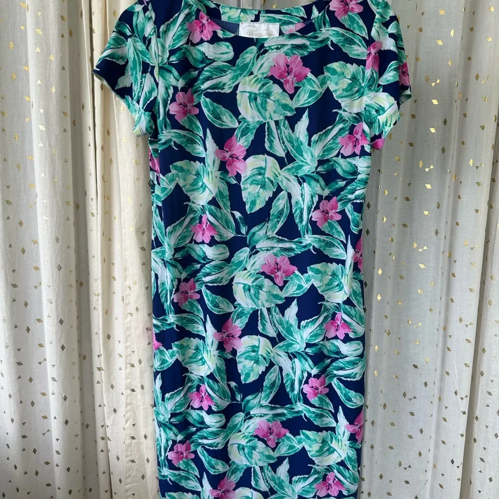 Pappagallo Women's Stretch Hawaiian Tropical Floral Scoop Neck Shirt Dress M Blue Size M - Image 2