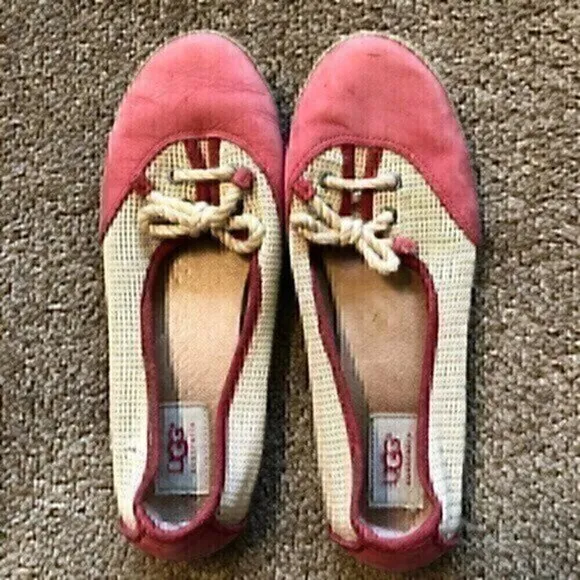 UGG Catrin Crochet Slip Ons Coral Red Pink Beige Espadrille LEATHER Flats US 8 - Image 2