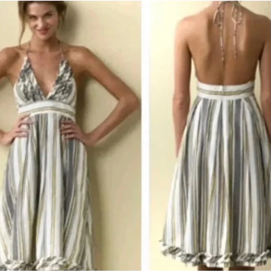 J. Crew Sylvan Halter Dress Backless Striped Ruffles‎ Linen/Cotton Size 14 - Image 5