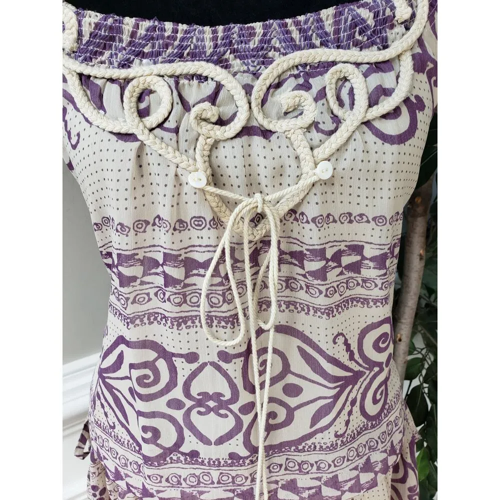 Freelance Tunic Top Womens Large White Purple Print Smocked Waist Ruffle Hem - Image 8