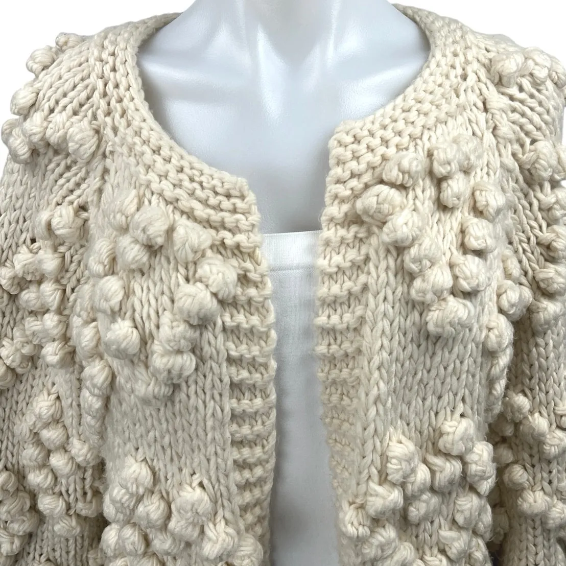 Chicwish Knit Your Love Ivory Heart Shape Pompoms Chunky Knit Cardigan Sweater S - Image 4