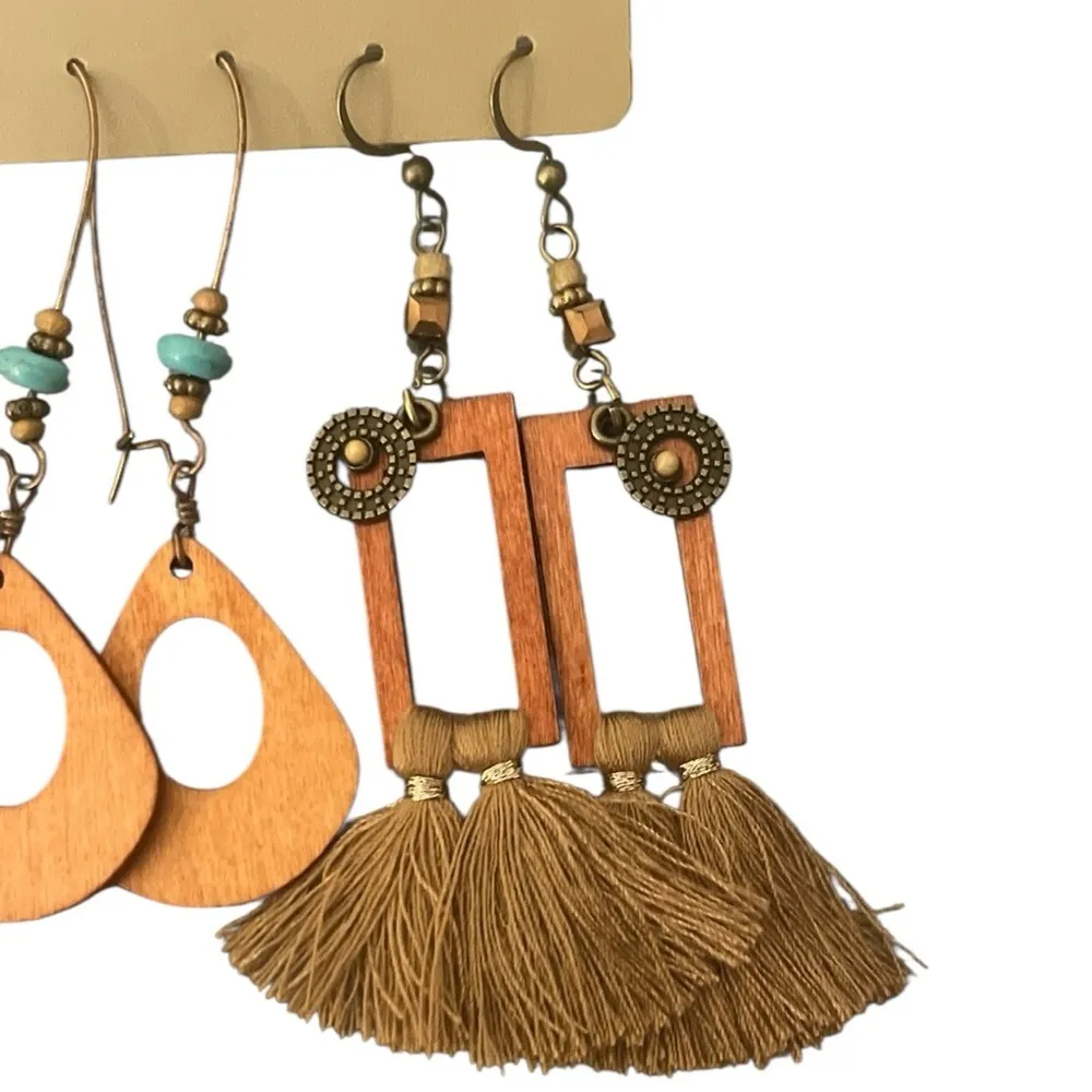 NWOT Lot of 3 Bohemian Wood Metal Tassels Dangle Earrings Brown - Image 4