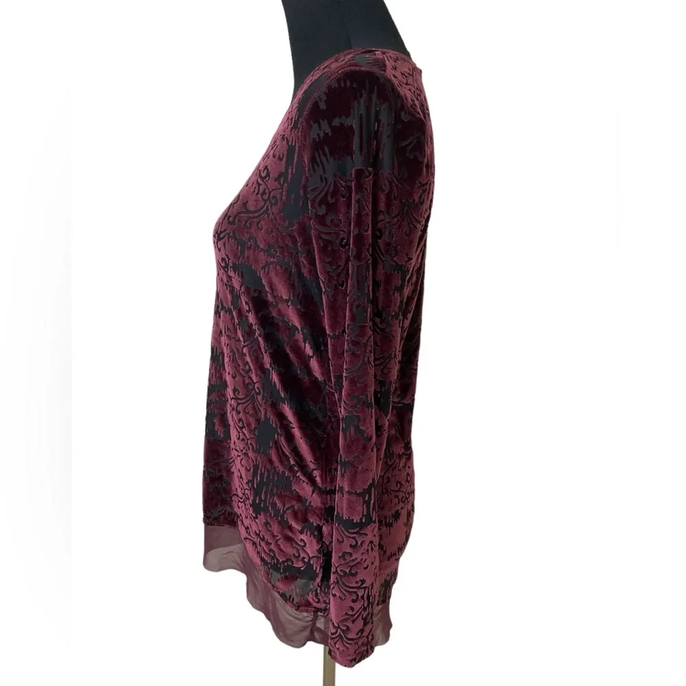 Wine velvet burnout long sleeve tunic top - Image 2