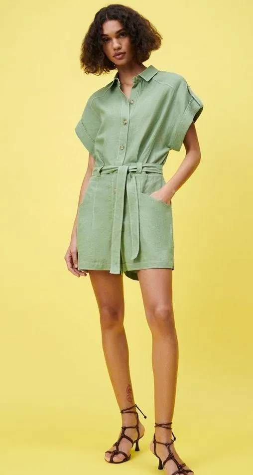 Zara Linen TOPSTITCHED Short JUMPSUIT Romper w/ Belt Green Size XS NEW - Image 3
