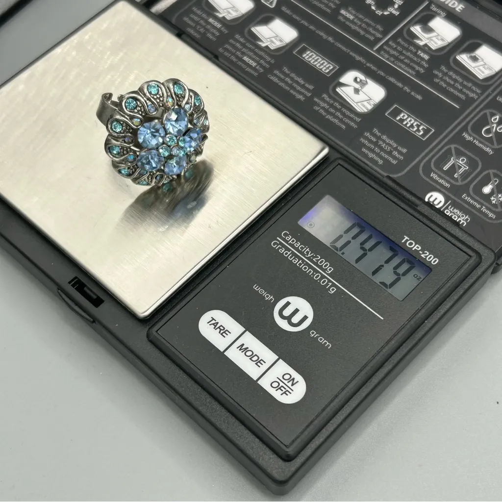 Blue Rhinestone Statement Ring Adjustable Silver Tone Cocktail Style - Image 6