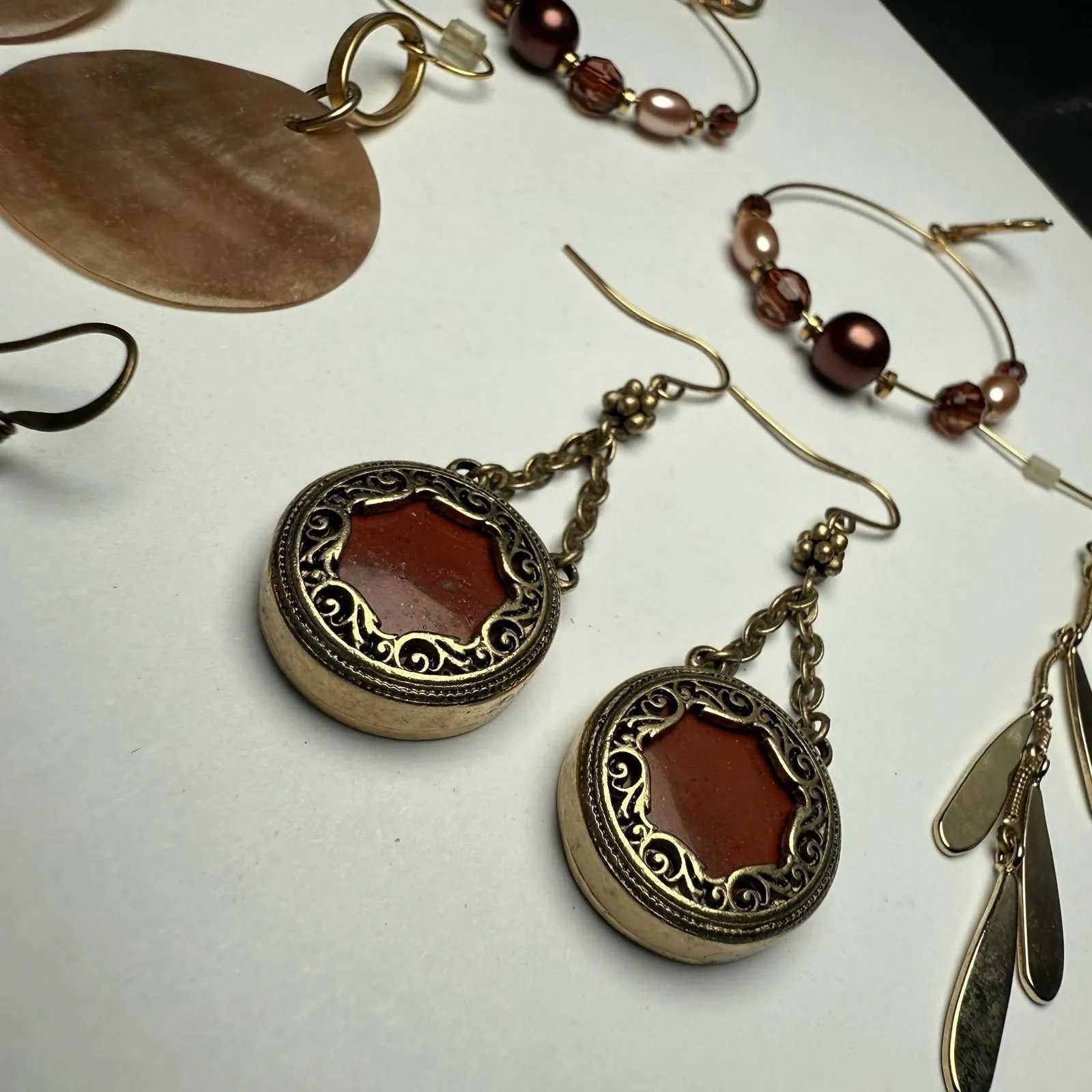 Dangle Drop Pierced Earrings Lot Of 4 Gold Tone n Beaded Bead, Shell, Metal Etc - Image 7