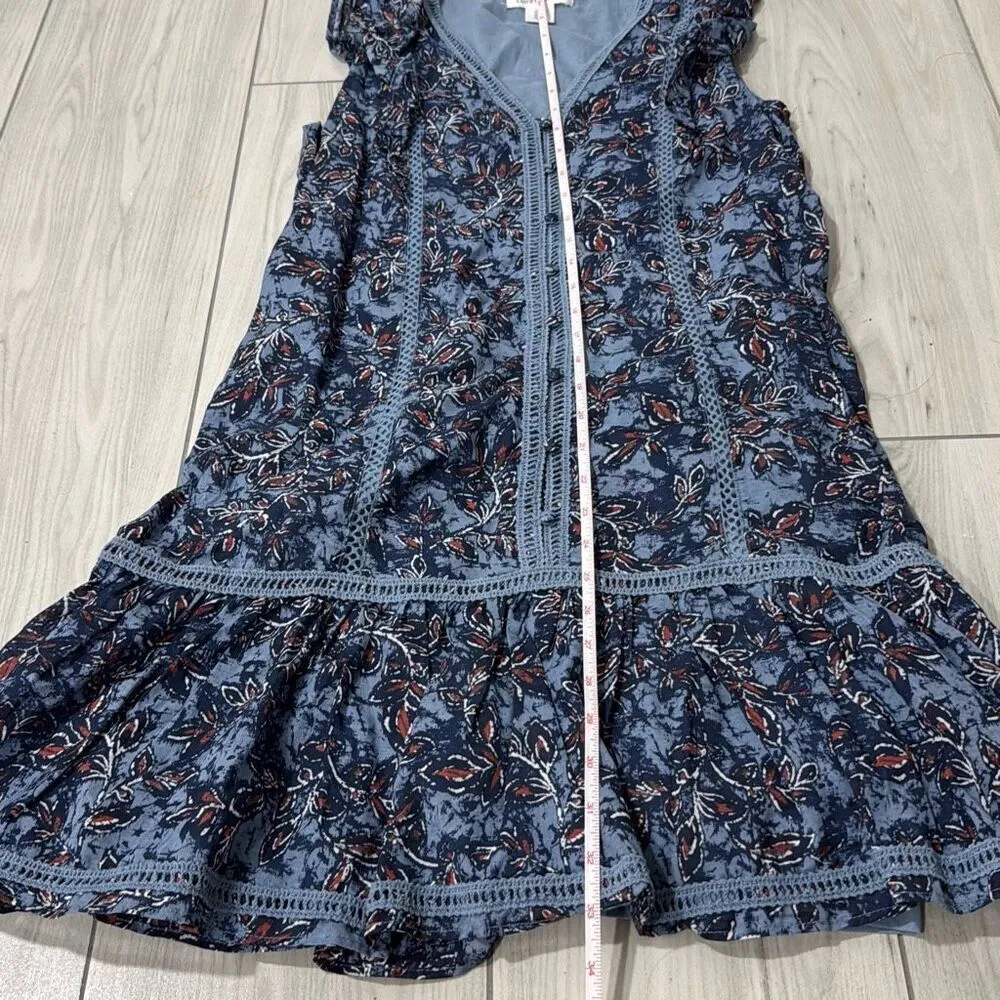 Lucky Brand Blue Floral Ruffle Cap Sleeve Short Cotton Dress V-neck Button Front - Image 4