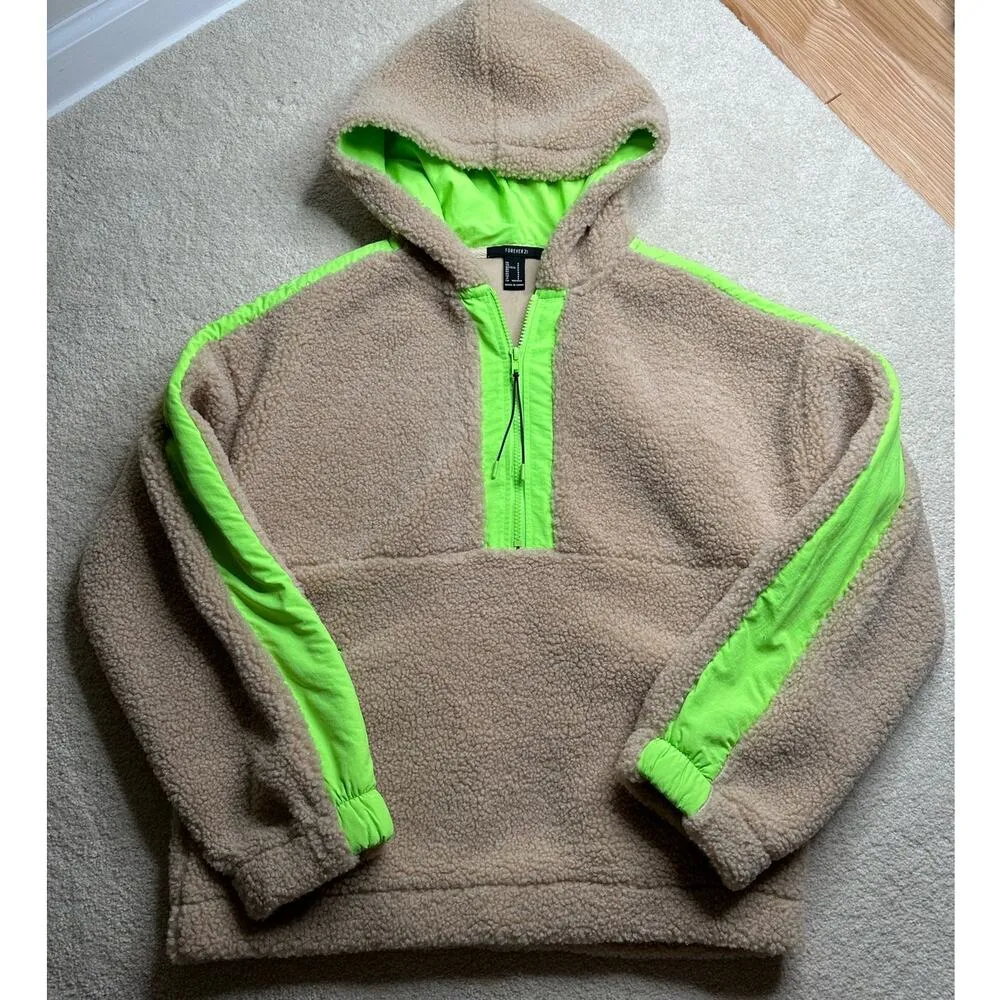 Forever 21: Tan Sherpa Quarter Zip Pullover with Neon Green Accents - Image 8