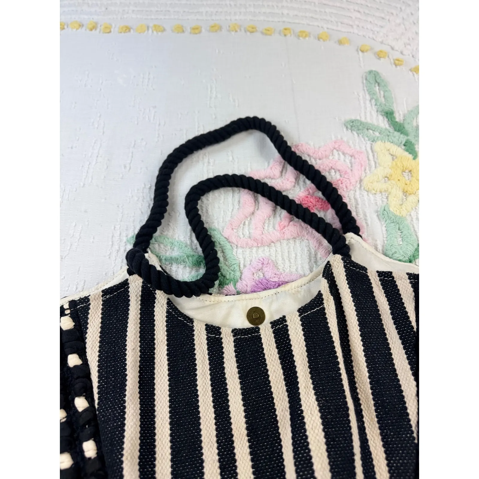 Striped Fringe Tote Bag Bohemian Purse Black Cream Woven‎ Rope Handles - Image 3