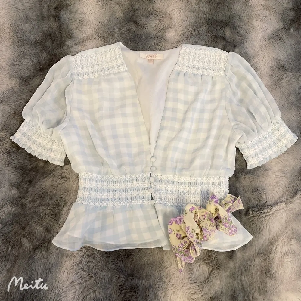 Pastel Blue White Plaid Princess Norah Smocked Waist Ruffle Blouse Crop Top - Image 3