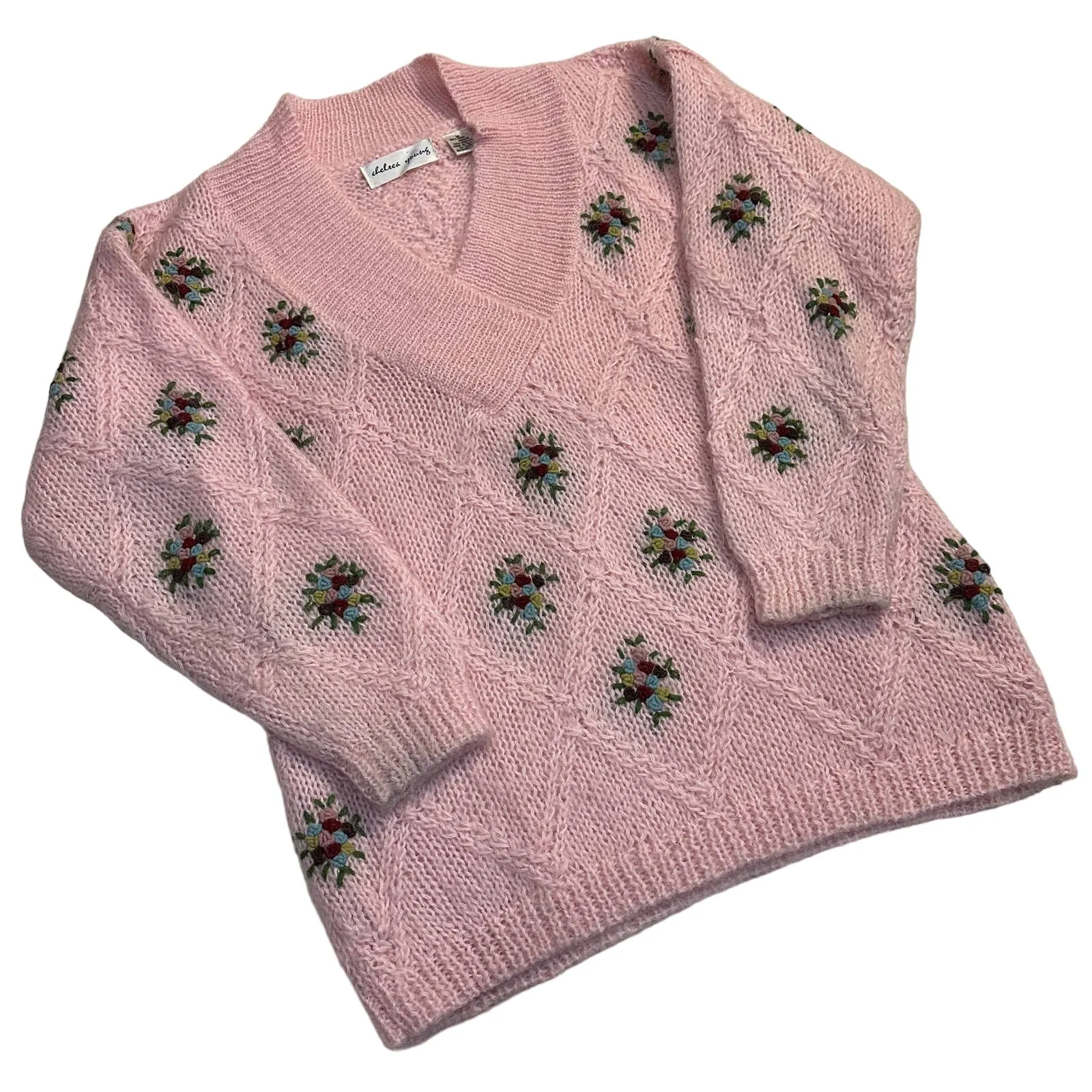 Vintage Mohair Medium Pink Floral Embroidered Wool Oversized Sweater Coquette - Image 2