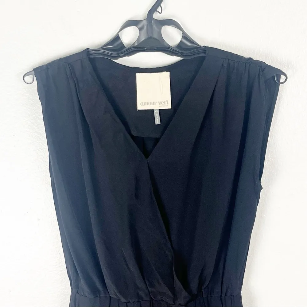 AMOUR VERT 100% Silk Black Sleeveless V-Neck Elastic Waist Pleated Back Dress XS - Image 7