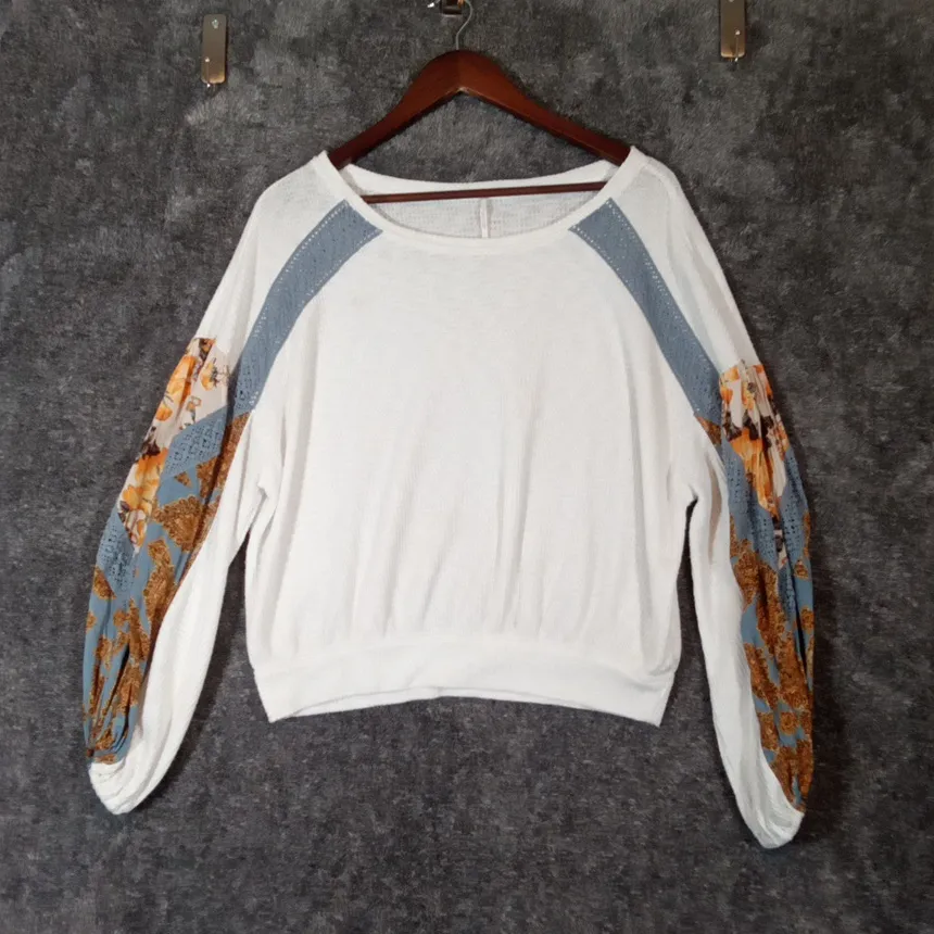 Free People Casual Clash Long Ballon Sleeve  Waffle Knit Womens Top Size Medium - Image 3