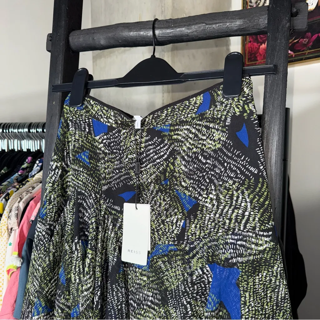 Reiss Muriel Jungle Printed Mini Skirt Blue Green Chiffon Ruffle Hem - Image 6