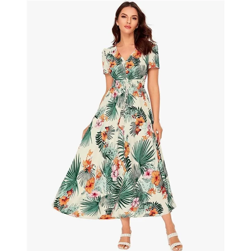 Milumia‎ Women Button Up Floral Print Party Split Flowy Maxi Dress. Size Large. Green - Image 2