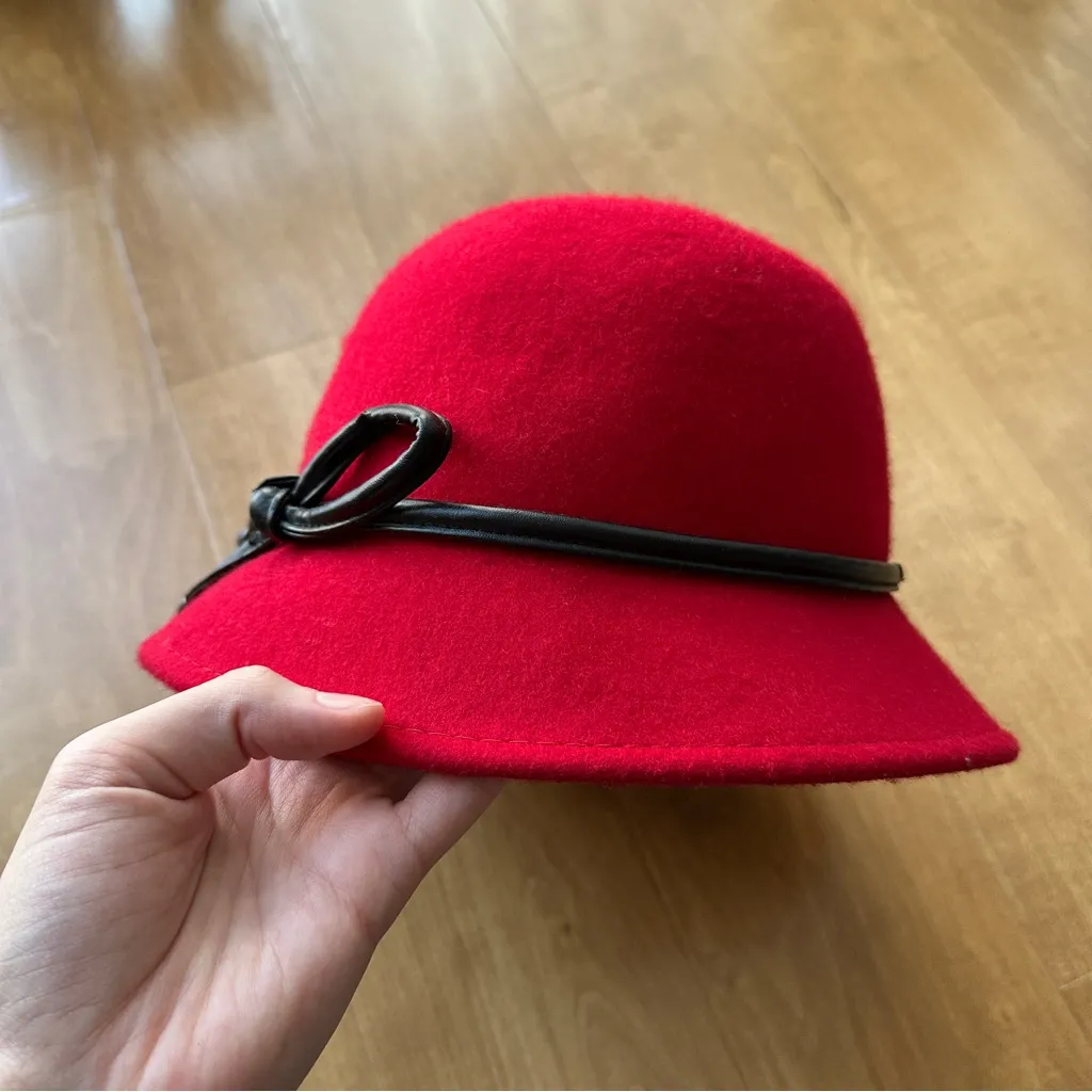 Betmar Women’s Valerina Red Wool Hat with Black Leather Bow - Image 4