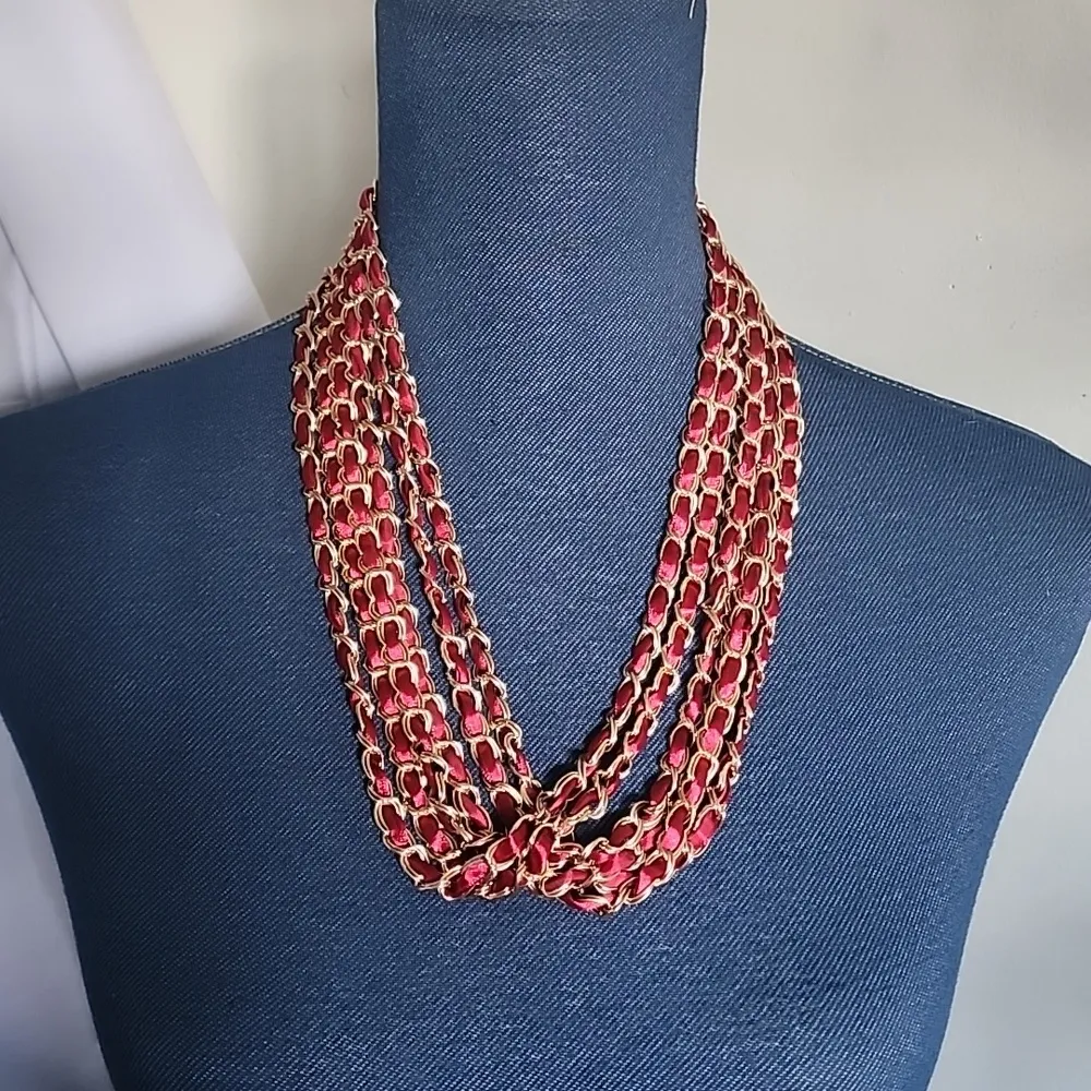 Multi Strand Gold Chain with Red Satin Ribbon Necklace Earrings Set New - Image 8