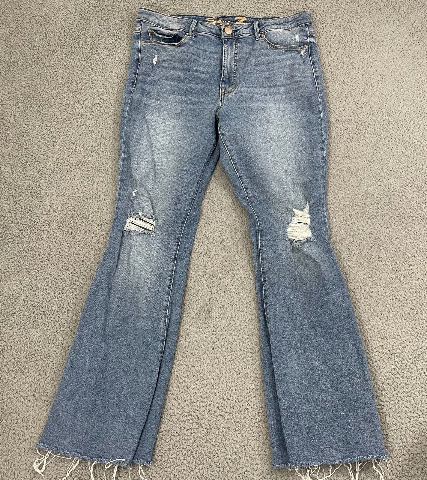 Seven7 Slim Flare Jeans Women 14 Medium Wash Enchanted Distressed Raw Hem - Image 1