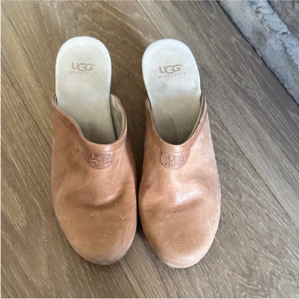 UGG Brown Leather Mules with Wooden Sole - Image 10