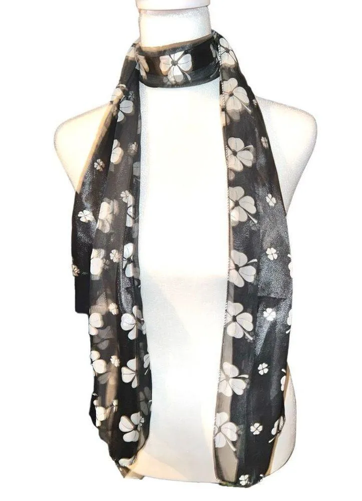 Beautiful black scarf with white 4 leaf clover print! Brand new! - Image 4
