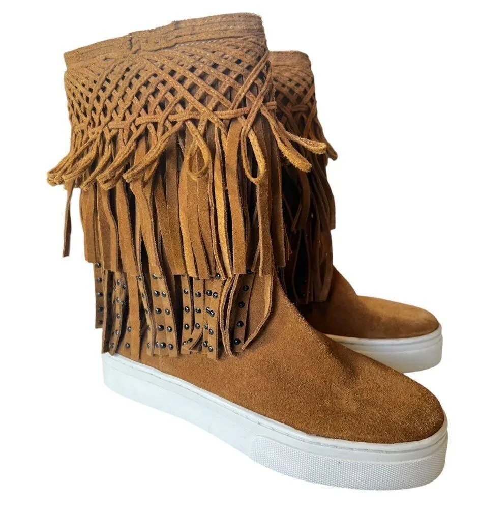 SCHUTZ Suede Leather Looped Studded Fringe Ankle Boots - Image 10
