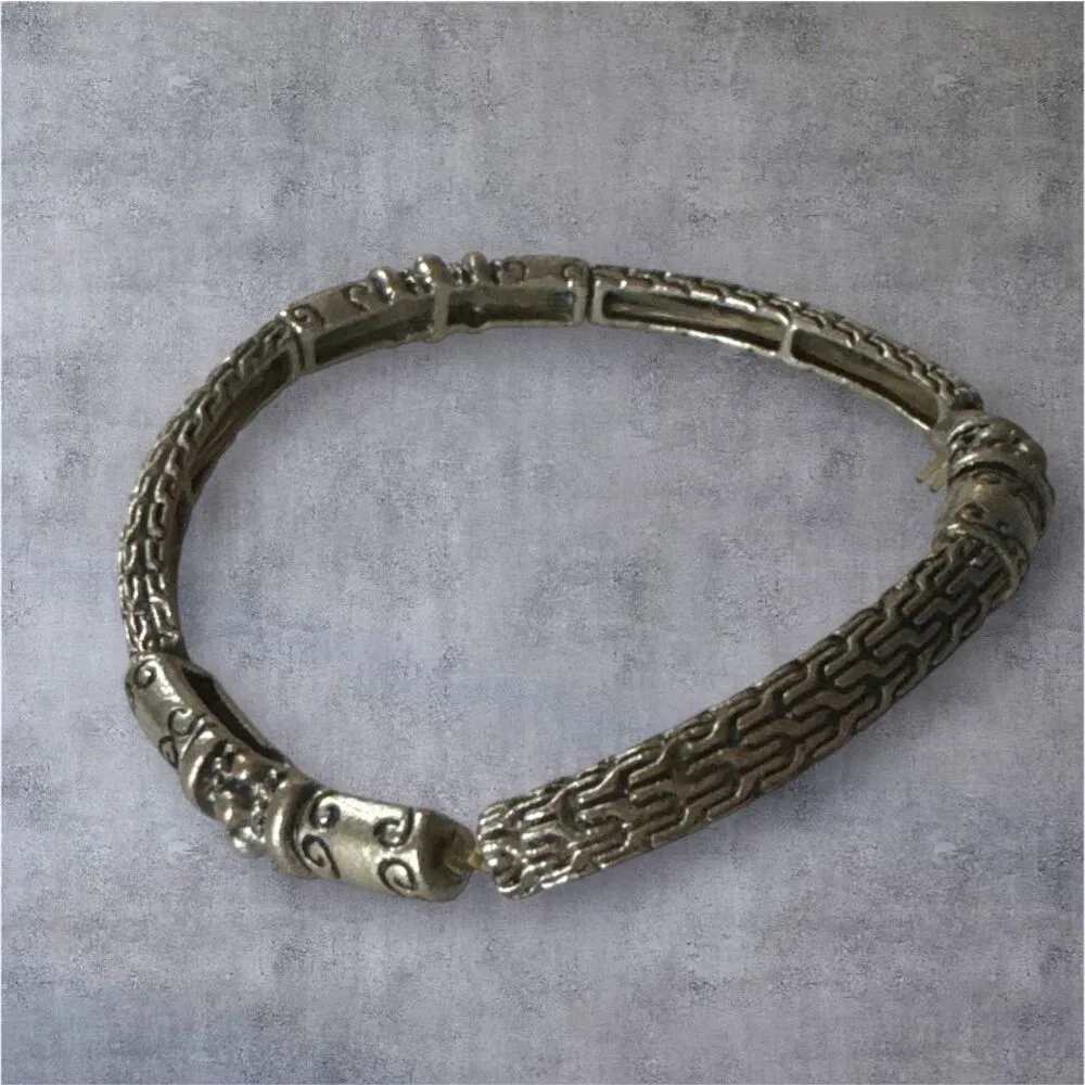 Y2K Vintage Womens Silver Tone Byzantine Antiqued Stretch Bangle‎ Bracelet - Image 2
