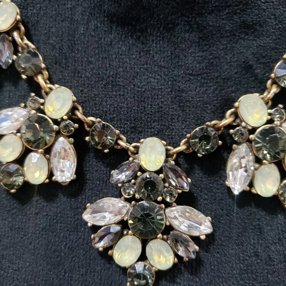 J. Crew Gold Tone Smoky Topaz & Iridescent Lime Crystal Statement Necklace - Image 4