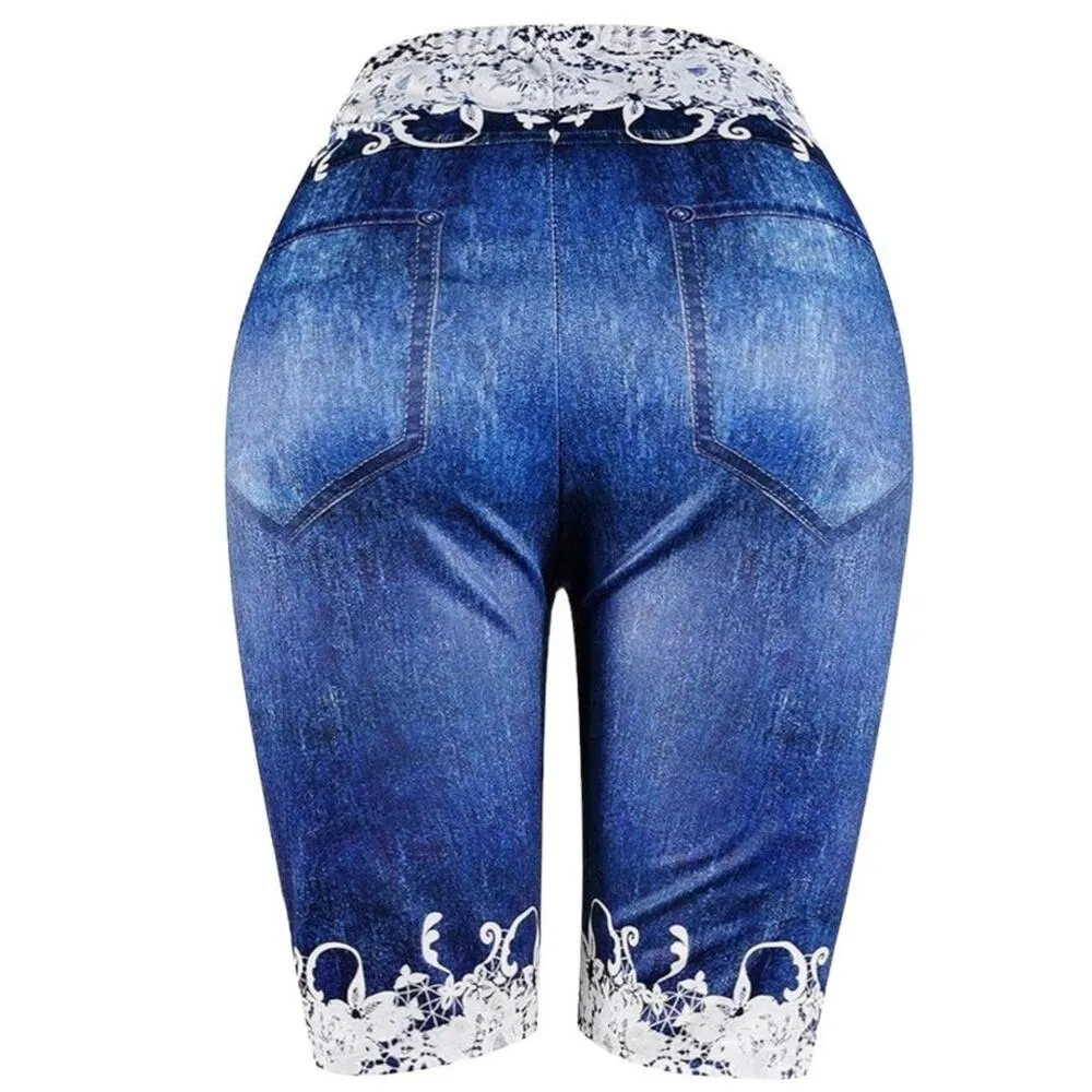 NWOT ~ Stretchy Denim Jean Look Pull On Shorts Lace Butterfly Trim Plus Size 3X - Image 3