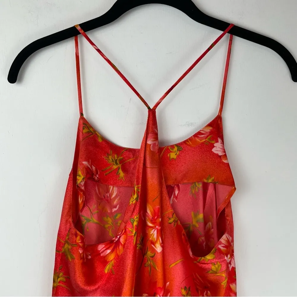 Vtg Y2K Silk Mini Dress Tropical Floral Hawaiian Sz Small Orange Red - Image 7
