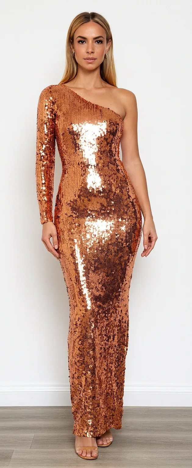Mac Duggal Womens Dress Size 2 Copper Sequin One Shoulder Maxi Gown Formal Glam - Image 1