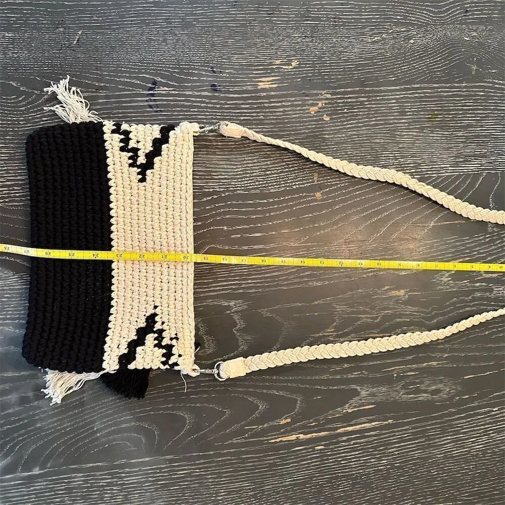 Bohemian Woven Sling Bag Black & White with Fringe & Braided purse - Image 7