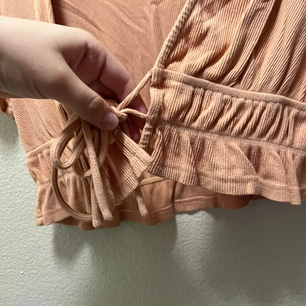 Lulus Popular Pick Peach Tie-Front Short Sleeve Crop Top Coral Ruffles Sz M - Image 6