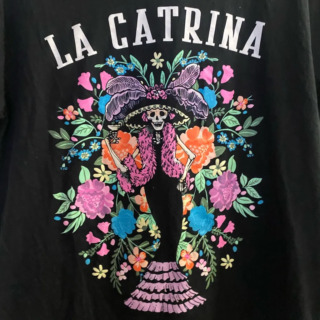 Hasta Siempre Womens T Shirt Tee XL Black Day Of The Dead Skull Flowers Bust 40” - Image 2